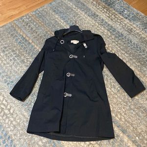 Michael kors lined hooded black raincoat with silver clasps.